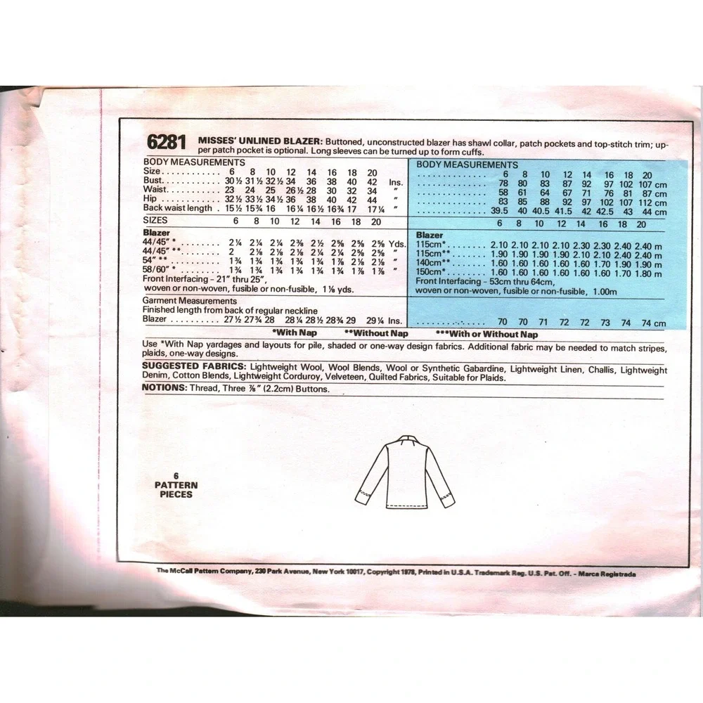 Vintage 1978 McCalls 6281 Sewing Pattern Misses Unlined Blazer Jacket Size 8-10